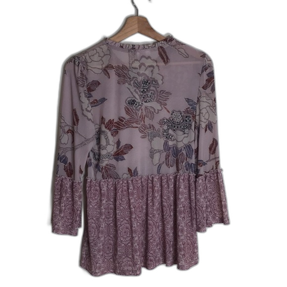 Knox Rose Floral Blouse Boho Peasant Top Ruffles Bell Sleeves Beige Pink Size S - Picture 11 of 12